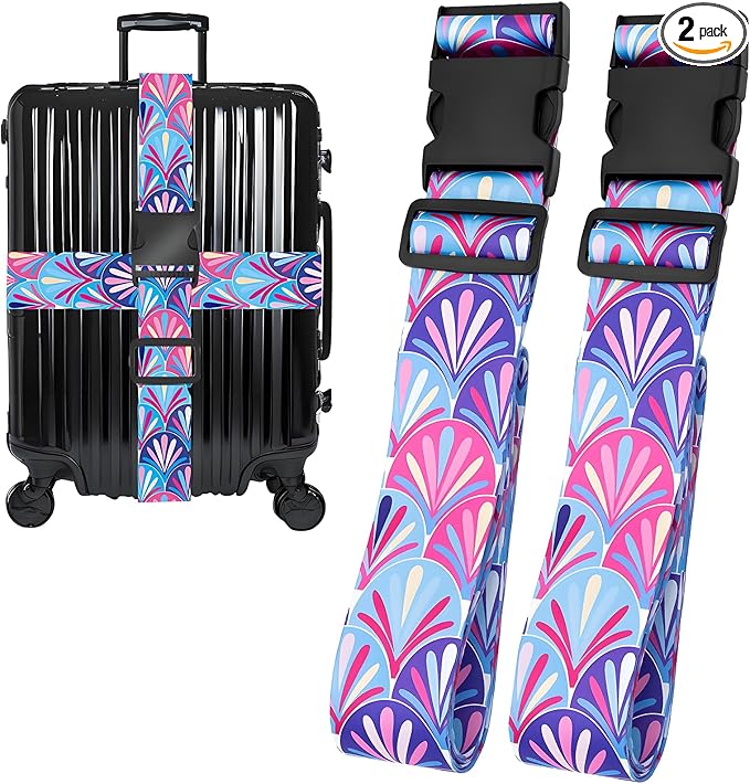 Plumes Luggage Straps for Suitcases, Adjustable Luggage Travel Belts to Keep Luggage Security While Travel, Strong Polyester Fabric, Easy-to-Recognize Stylish Design Travel Essentials, 2 Pack