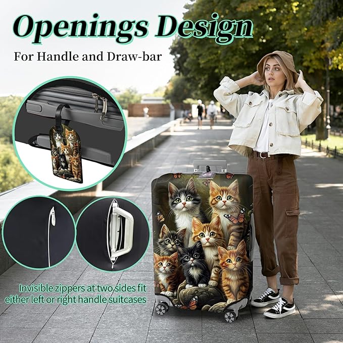 Luggage Cover + Tag, Cats Family Travel Suitcase Protector for 29-30 inch Luggage (XL) with Concealed Zipper, Washable Elastic Cloth, Dustproof, Anti-Scratch