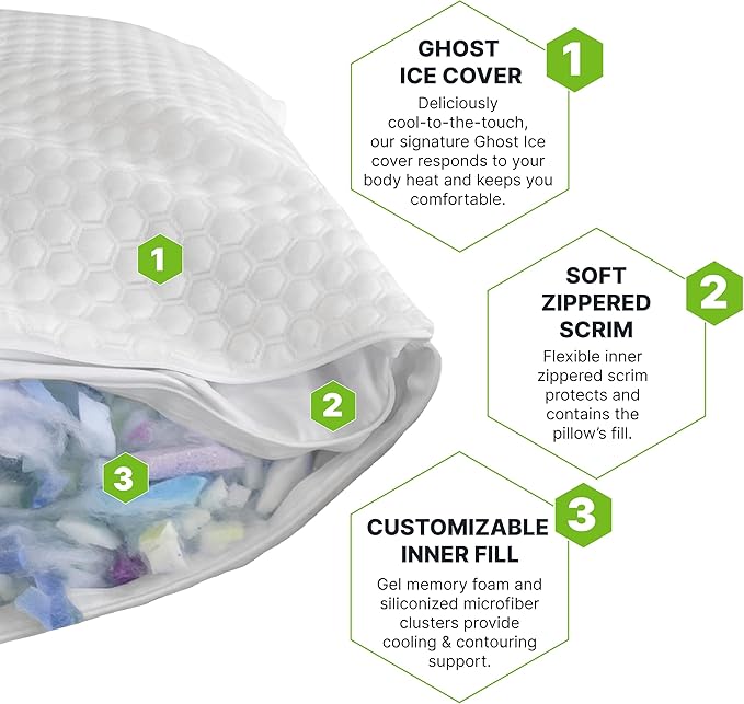 GhostBed Shredded Memory Foam Pillow with Adjustable Gel Memory Foam and Cooling Breathable Cover - King Size Shredded Memory Foam Pillows CertiPUR-US Certified 1-Pack