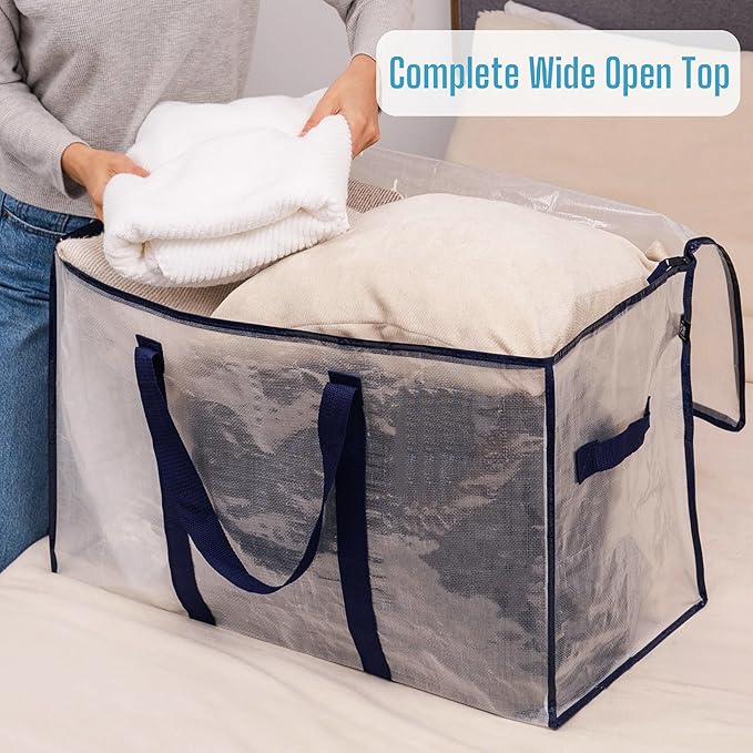 VENO 4 Pack Moving Bags, Heavy Duty, Moving Boxes Alternative, Packing Storage Supplies for Dorm Room Essentials with Zipper for Clothes, Extra Large Totes for Packaging (Clear, 4 Pack)
