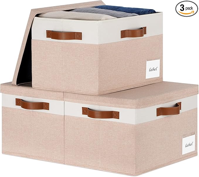 Large Storage Bins with Lids, Foldable Fabric Storage Baskets with Lids, Sturdy Storage Boxes with Labels and 3 PU Handles for Closet Home Bedroom Office (26L, 3 Packs, Pink&White)