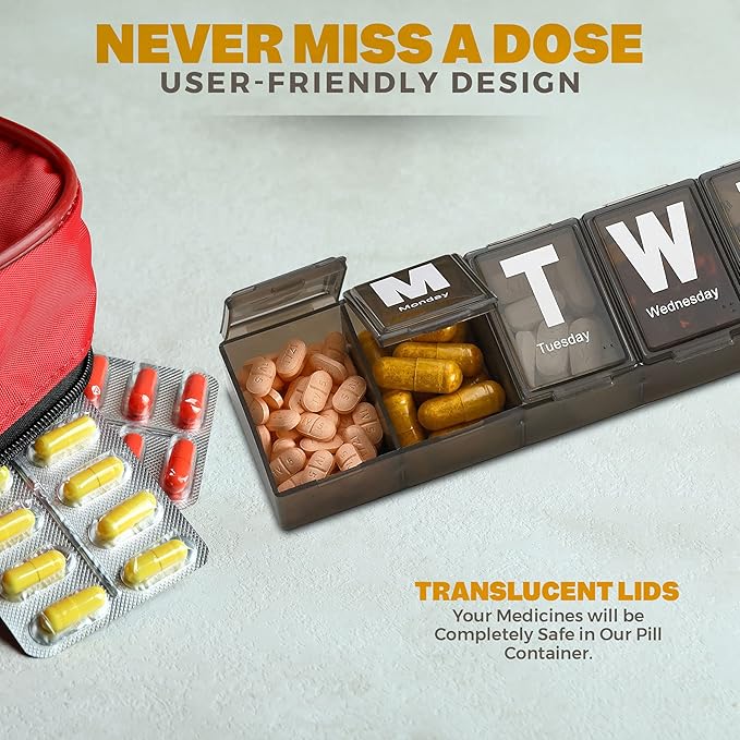 Weekly Pill Organizer - Extra Large with Easy to Read Jumbo Letters Vitamin Container, BPA Free - Daily Travel 7 Day Medication Pill Box Case, (Black)