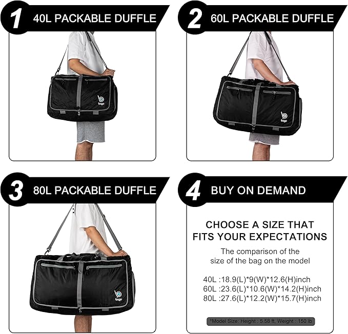 Bago Large Foldable Duffel Bags for Traveling Women & Men - 80L Packable Duffle Bag for Travel with Shoe Compartment - Water Repellant, Heavy Duty, Lightweight Folding & Collapsible (Black)
