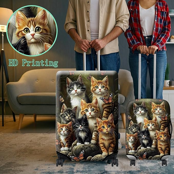 Luggage Cover + Tag, Cats Family Travel Suitcase Protector for 29-30 inch Luggage (XL) with Concealed Zipper, Washable Elastic Cloth, Dustproof, Anti-Scratch