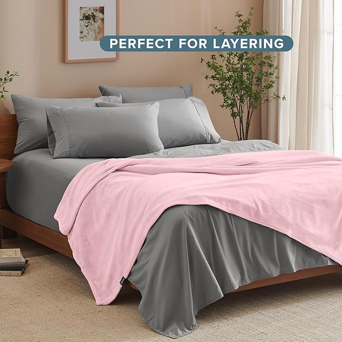 Bare Home Fleece Blanket - Extra Long - Light Pink - Throw for Bed, Sofa, Couch, Movie Night, Camping, and Travel - Microplush - Cabin Blanket (Twin/Twin XL, Light Pink)