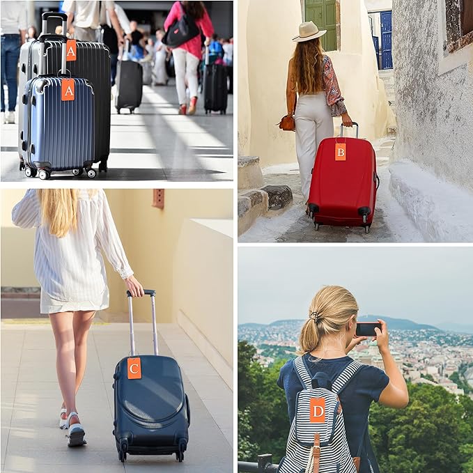 Gostwo 2 Pack Luggage Tags for Suitcases, 26 Initial Letter Travel Luggage Baggage Identification Labels ID Tag Fully Bendable Tags with Stainless Steel Loop (Orange) (Letter L)