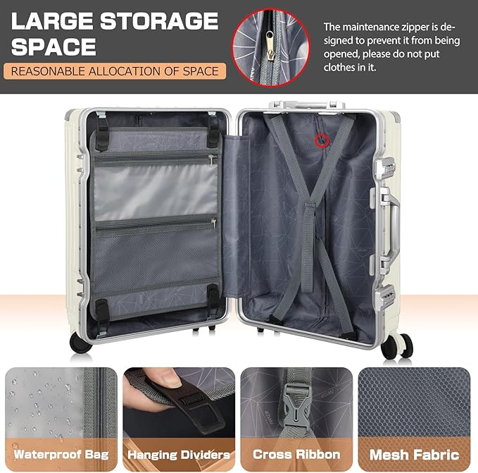 AnyZip Luggage Aluminium Frame Suitcase PC ABS Hard Shell TSA Lock No Zipper 24In White