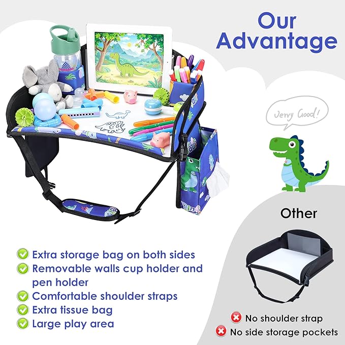 2PCS Kids Travel Tray for Airplane - Toddler Car Seat Table Tray, Road Trip Essentials for Boys & Girls, Carseat Lap Desk for Kids Road Trip Activities (Blue Dinosaur/Purple Mermaid)