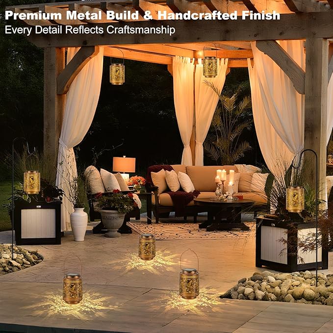2 Pack Solar Lanterns Outdoor Waterproof Hummingbird and Iris Hanging Garden Lights with Metal Build Decorative Warm Light Solar Lamps for Patio Yard Gifts for Women