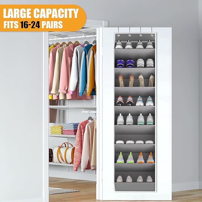 Over The Door Shoe Organizer Storage Fit 16-24 Pairs Hanging Shoe Rack Organiser for Closet Door, Deep Pocket Shoe Holder for Sneakers,Boots Storage(2 Pack Gray)