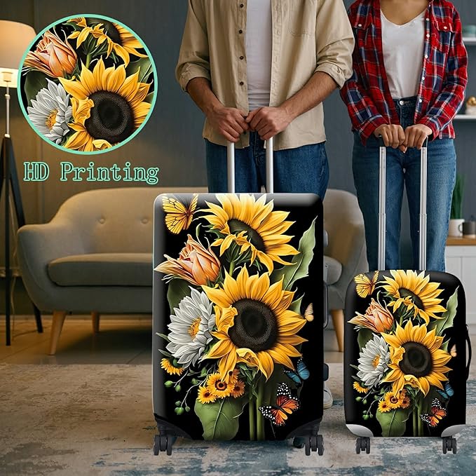 Suitcase Protector Plus 1 Luggage Tag, Sunflower Orchids Travel Suitcase Cover for 22-24 inch Luggage (M) with Concealed Zipper, Washable Elastic Cloth, Dustproof, Anti-Scratch