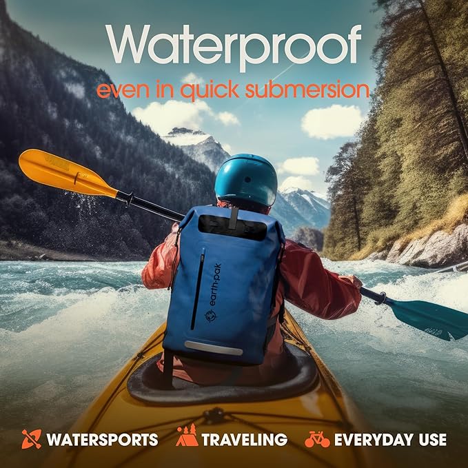 Earth Pak Waterproof Backpack - Heavy Duty Hiking Backpack - Roll-Top Closure - Waterproof Bag - Cushioned Dry Bags Waterproof w/ IPX8 Waterproof Phone Case - Wet Bag for Hiking, Kayak(Blue, 85L)