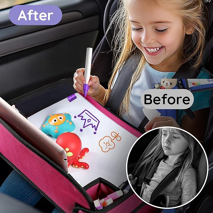 ‎Kids Travel Tray, Kids Travel Trays for Car Seat, Road Trip Essentials for Toddler, Carseat Lap Tray with Dry Erase Board & Storage Organizer for Road Trip Activities for Kid, Pink