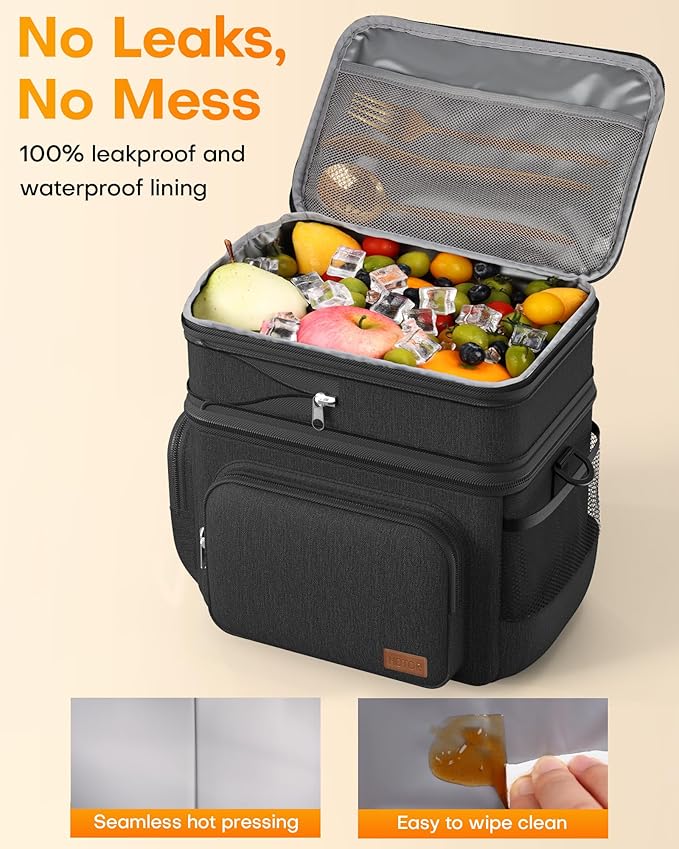HOTOR Lunch Box for Men and Women - Leak-Proof Insulated Lunch Cooler Bag with Adjustable Strap, Multiple Pockets for Office, Picnic, Hiking, Beach, 2 Layer, 17L, Black, 12.2" x 7.9" x 10.6"