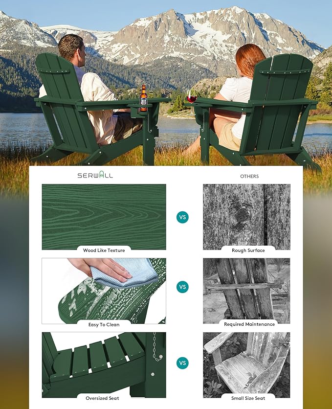 SERWALL Adirondack Chair with Cup Holders - Composite Adirondack Chairs Set of 2 HDPE Outdoor Chairs All Weather Use- Green