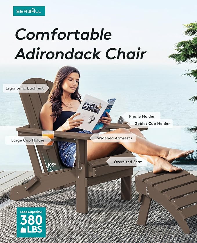 SERWALL Adirondack Chair with Cup Holders - Composite Adirondack Chairs Set of 2 HDPE Outdoor Chairs All Weather Use- Coffee