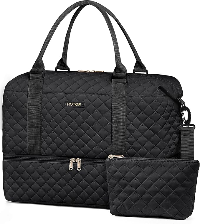 HOTOR Travel Duffel Bag - Weekender Bags for Women, Carry On Overnight Bag with Shoe Compartment, with Toiletry Bag for Travel Essentials and Travel Accessories, Black, 13.4"×17.3"×7.9"