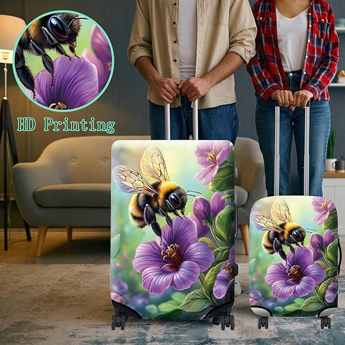 Luggage Cover + Tag, Bee Purple Flowers Travel Suitcase Cover for 22-24 inch Luggage (M) with Concealed Zipper, Washable Elastic Cloth, Dustproof, Anti-Scratch