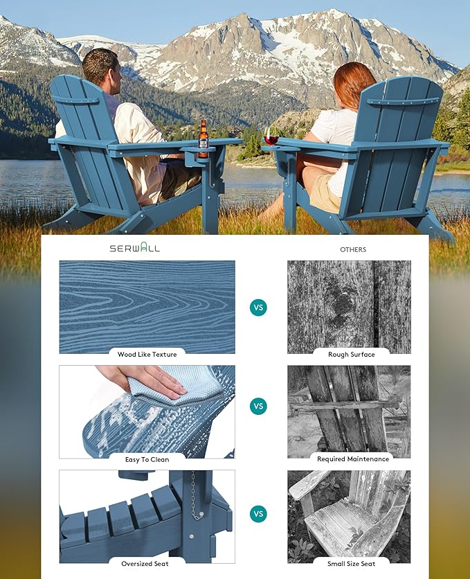 SERWALL Folding Adirondack Chair, HDPE Adirondack Chairs Set of 6, Plastic Outdoor Chairs- Looks Exactly Like Real Wood- Navy