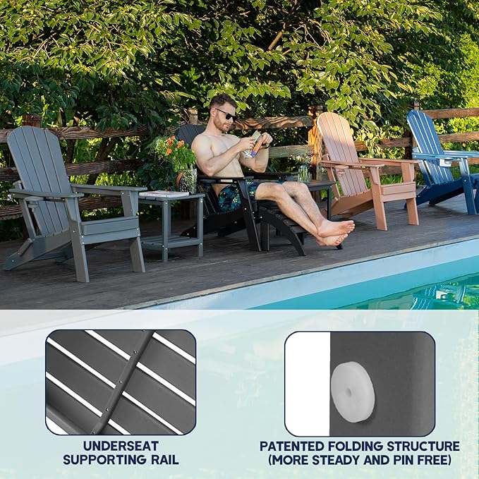 Folding Adirondack Chair - Extended Ergonomic Backrest, Cup Holder - Easy Assembly - Durable HDPE Plastic, Weather Resistant & Maintenance-Free - Lawn, Patio, Deck Supports 400lbs Grey