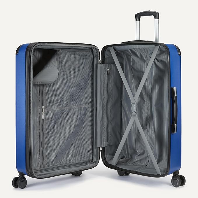 Amazon Basics 4-Piece Luggage Set, Including Two Hardside Suitcases With Multi-directional Spinner Wheels (22" Carry-On and 28" Checked), 15" Tote Bag and 10" Compact Travel Bag, Navy Blue