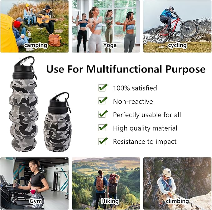 Collapsible Travel Water Bottle, Reuseable Silicone Foldable Water Bottles for Gym Camping Hiking, Portable Leak Proof Sports Water Army camouflage Bottle with rugby grenade Carabiner (Red)