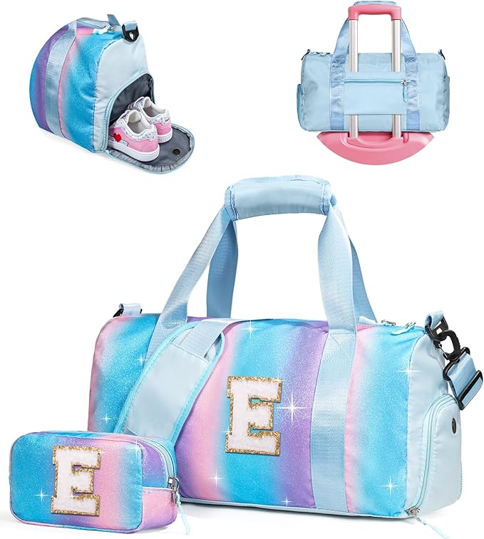Dance Recital Gifts for Girls-Girl Gym Bag with Shoe Compartment, Kid Personalized Weekender Overnight Bags, Initial Travel Tote with Makeup Pouch, Preppy Things for Kids Girls (Letter E)