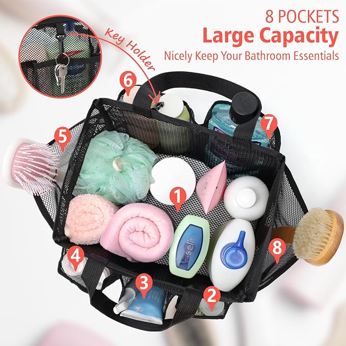 F-color Mesh Shower Caddy Portable - 2 Handles Upgrade Deeper 7 Pockets Basket Bag Tote for College Dorm Room Toiletry Bathroom Essentials Gym Camp Quick Dry with S Hook, 2 Pack, Black & Mint Green