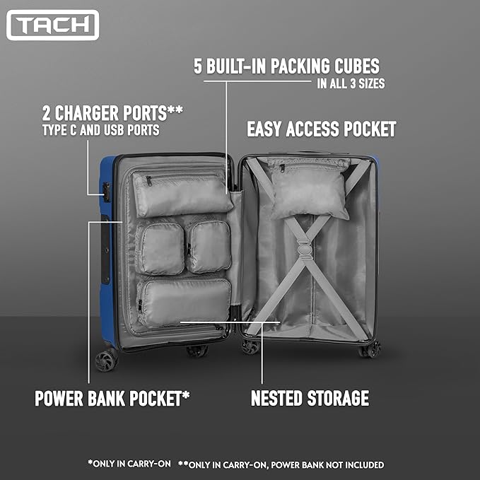 Tach V3.1 Hard Shell 2 Piece Luggage Set - 20 & 28 inch Luggage | Carry On & Large Checked Suitcases | Patented Built-In Connecting System | Rolling Suitcase Links 9 Bags (Midnight Blue)