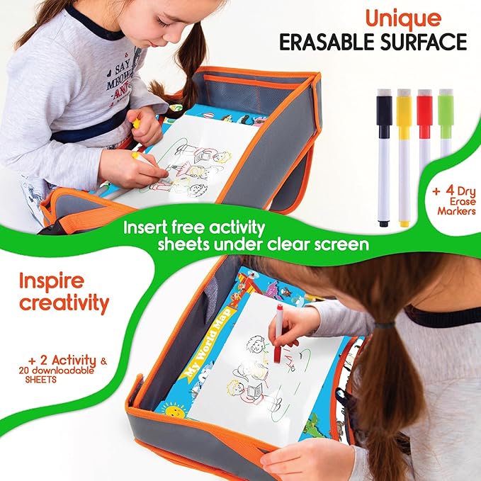 Kids Travel Tray - Waterproof Car Table with No-Drop Large Tablet Holder - Car Seat Tray - Road Trip Must Haves - Kids Lap Desk Organizer for Airplane - Toddler Travel Essentials (Orange)