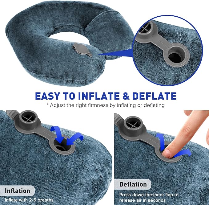 Rewondah Neck Pillows for Travel, Inflatable Travel Pillow, Inflatable Neck Pillow for Traveling Airplane with Soft Velour Washable Cover, U Shape Blow Up Neck Pillow for Airplanes Train Car Travel