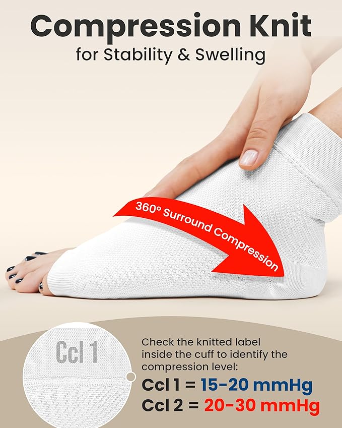KEMFORD Ankle Compression Sleeve - Plantar Fasciitis Braces - Open Toe Compression Socks for Swelling, Sprain, Neuropathy, Foot Arch Support for Men and Women - 20-30mmhg, M, White and Black