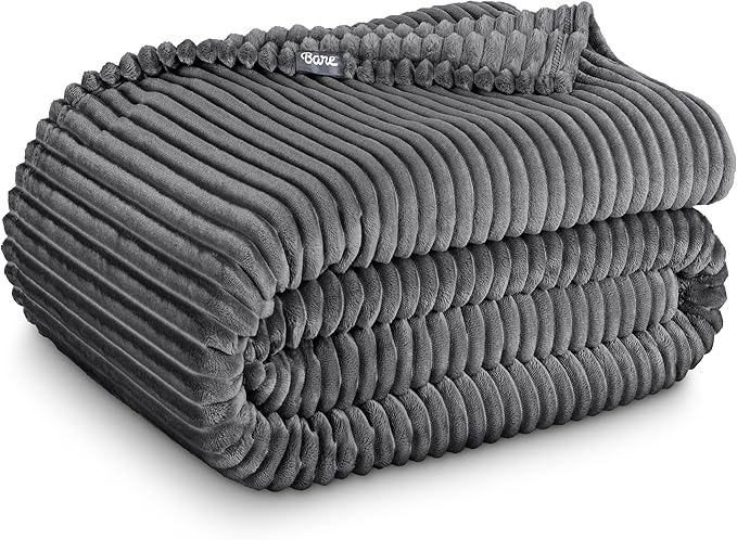 Bare Home Textured Fleece Blanket - Full/Queen - Ultra-Soft Lightweight for Bed, Sofa, and Couch - Luxury Microplush - Cozy Warm Blanket (Full/Queen, Ribbed Grey)