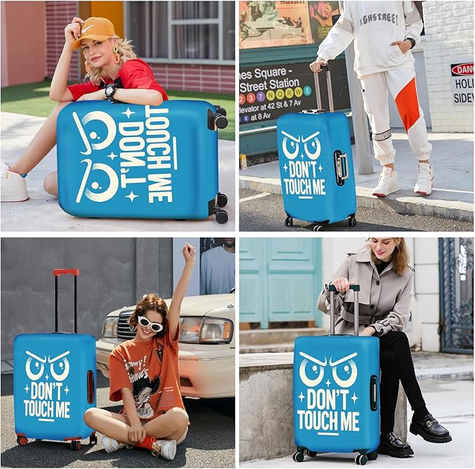 ANNA QUEEN Funny “Don’t Touch Me” Luggage Cover, Bold Blue Suitcase Protector with Angry Eyes Design, Stretchable, Washable Travel Cover for 32-34 Inch Luggage