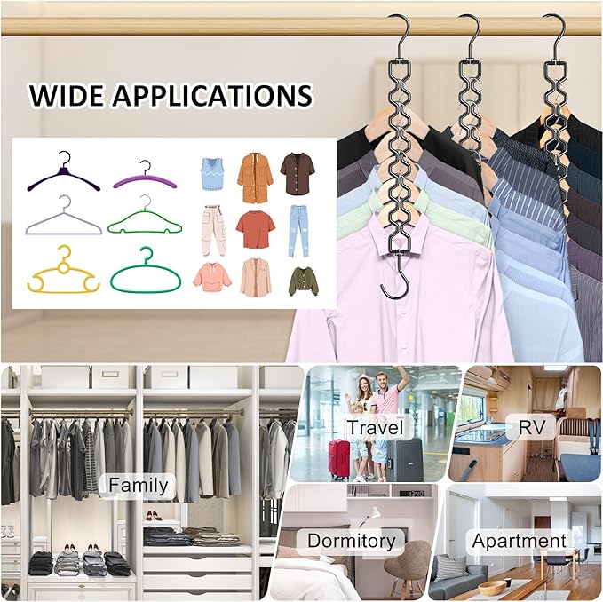 6 Pack Space Saving Hangers for Clothes, Heavy Duty 30Lbs Capacity Magic Clothes Space Saver Sturdy Metal Hanger Organizer with 360° Swivel Hook, Closet Organizers Storage Dorm Essentials Black