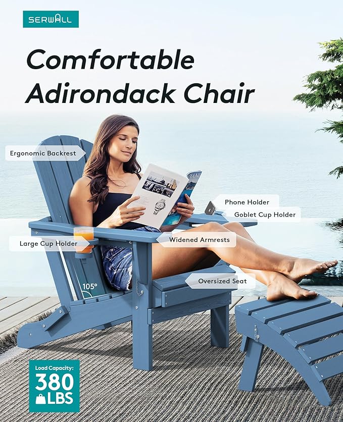 SERWALL Folding Adirondack Chair, HDPE Adirondack Chairs Set of 6, Plastic Outdoor Chairs- Looks Exactly Like Real Wood- Navy