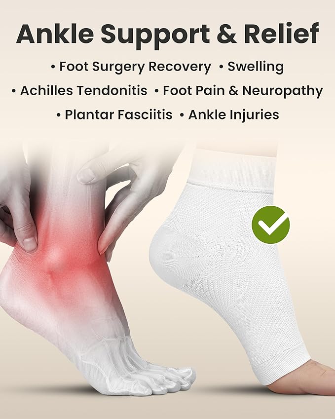 KEMFORD Ankle Compression Sleeve - Plantar Fasciitis Braces - Open Toe Compression Socks for Swelling, Sprain, Neuropathy, Foot Arch Support for Men and Women - 20-30mmhg, 2XL, White