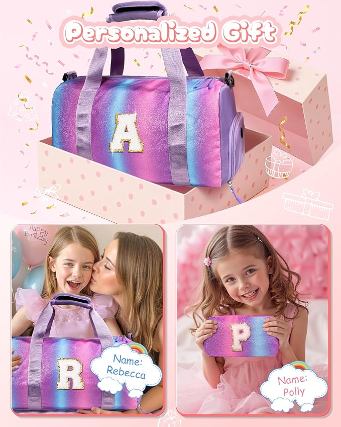 6 7 8 9 10 Year Old Girls Birthday Gift-Girl Gym Bag with Shoe Compartment, Kid Personalized Weekender Overnight Bags, Initial Travel Tote with Makeup Pouch, Easter Gifts for Teen (Letter Q)