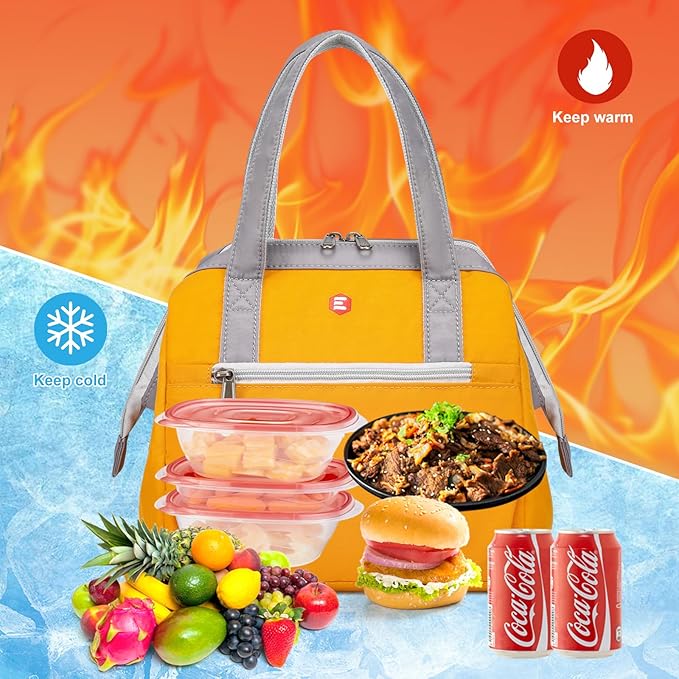 ETidy Fashionable & Lightweight Reusable Lunch Bag Large Capacity Waterproof & Leak Proof Lunch Box Insulated Cooler Lunch Tote For Women Adult To Work Travel Outdoor(Yellow)