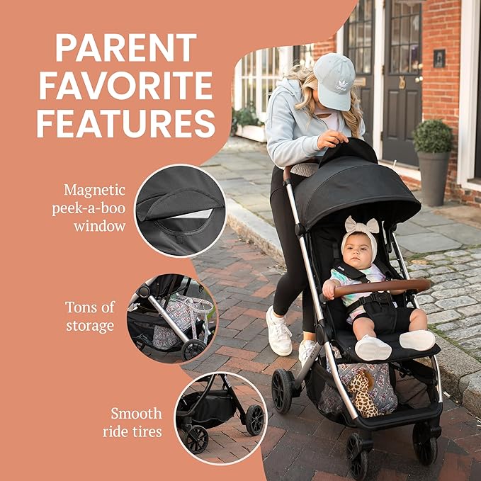 Bombi Bēbee V2 Lightweight Baby Stroller - Premium Vegan Leather, One-Hand Fold, Infinite Recline, Aircraft-Grade Aluminum Frame, XXL Canopy, and Ample Storage Umbrella Stroller - Stone Gray