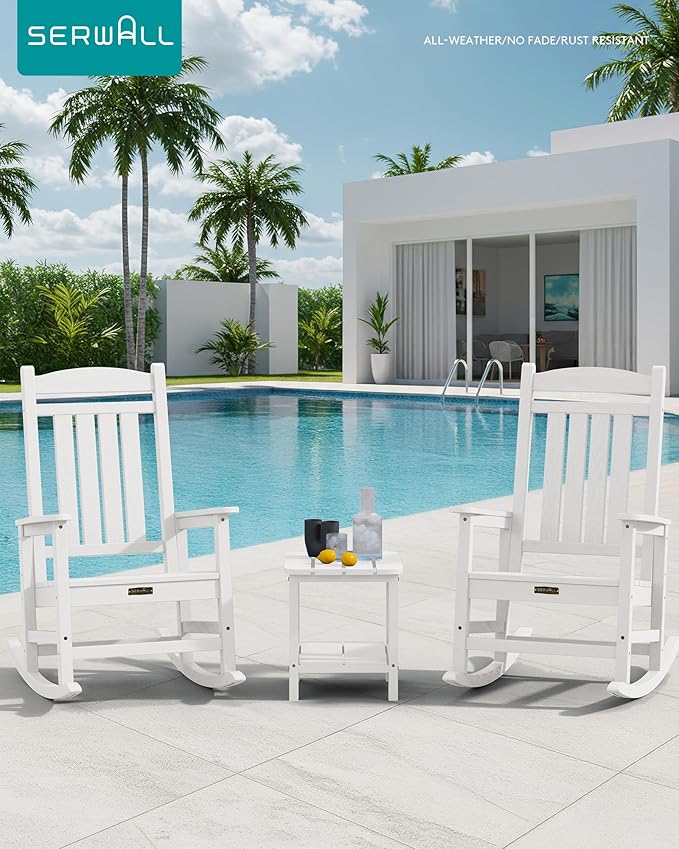 SERWALL Outdoor Rocking Chair Set of 2, HDPE Patio Rocking Chair All-Weather Porch Rocker for Balcony, Yard, White
