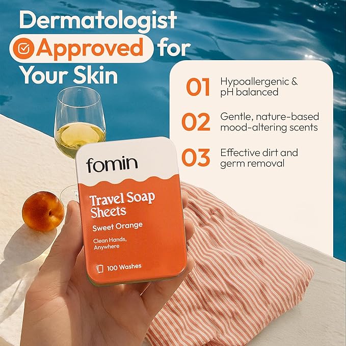 FOMIN - Antibacterial Paper Soap Sheets Tin for Traveling - (100 Sheets) Orange Portable Travel Hand Soap Sheet, Dissolvable Mini Camping Hand Soap for Hand Washing