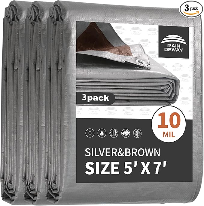Tarps Heavy Duty Waterproof 5x7 Feet (3 Pack), 10Mil Multipurpose Small Tarp Cover with Metal Grommets and Reinforced Edges, Silver/Brown Tarp by RAINDEWAY