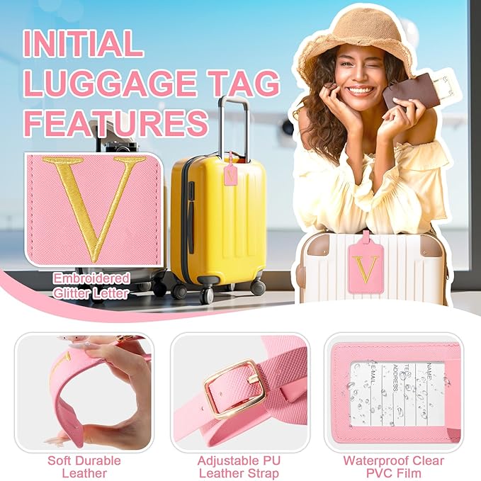 Personalized Initial Luggage Tags for Suitcase, Pink Leather Cute Luggage Tags with Privacy Cover Name Card, Embroidered Custom Monogrammed Luggage Tag Travel Bag Baggage Tags Gifts for Women Kids(V)