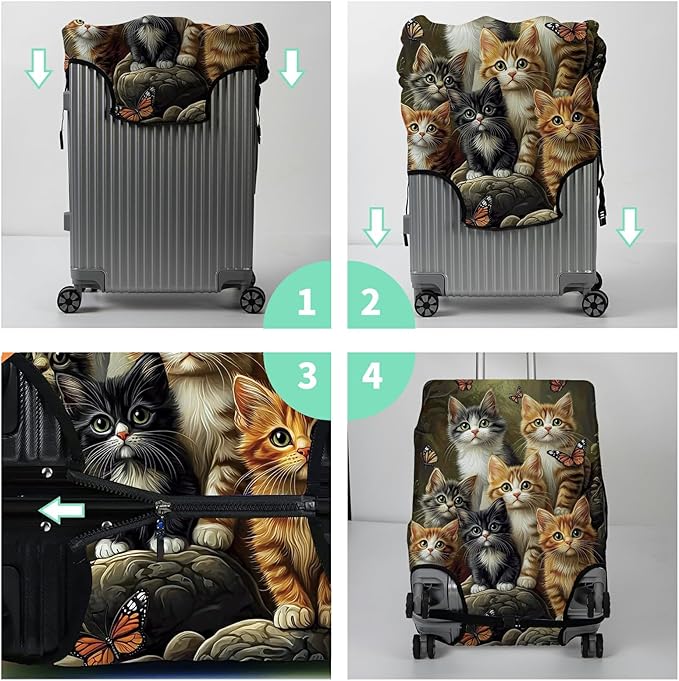 Luggage Cover + Tag, Cats Family Travel Suitcase Protector for 29-30 inch Luggage (XL) with Concealed Zipper, Washable Elastic Cloth, Dustproof, Anti-Scratch