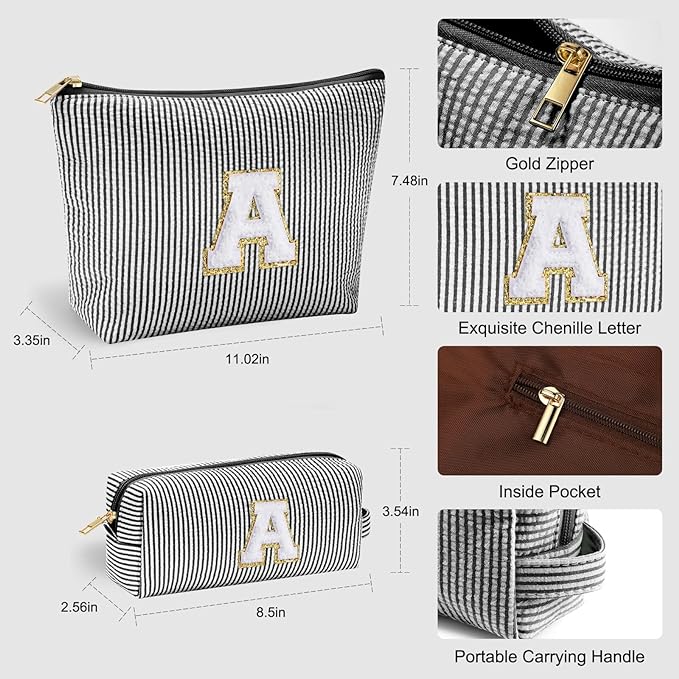 YOOLIFE Initial Makeup Bag for Women - Teen Girl Gifts Trendy Stuff Monogram Cute Makeup Bags Make Up Case for Women Her Best Friend Friendship Sister Teacher Birthday Gifts for Women Mom Black L
