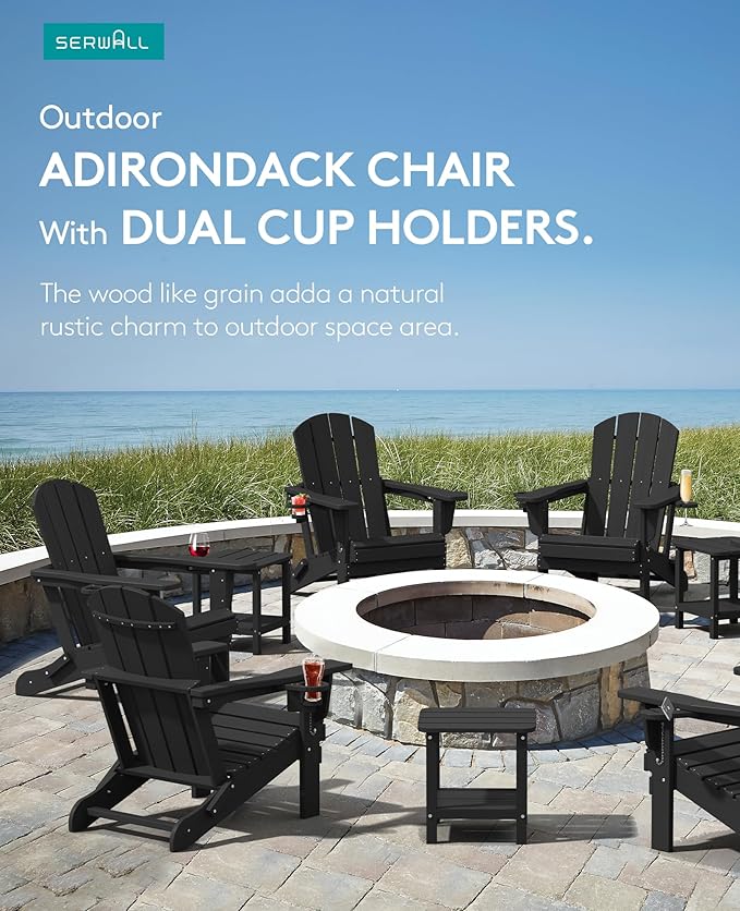 SERWALL HDPE Folding Adirondack Chair with Dual Cup Holder - Composite Adirondack Chair Set of 2- Black
