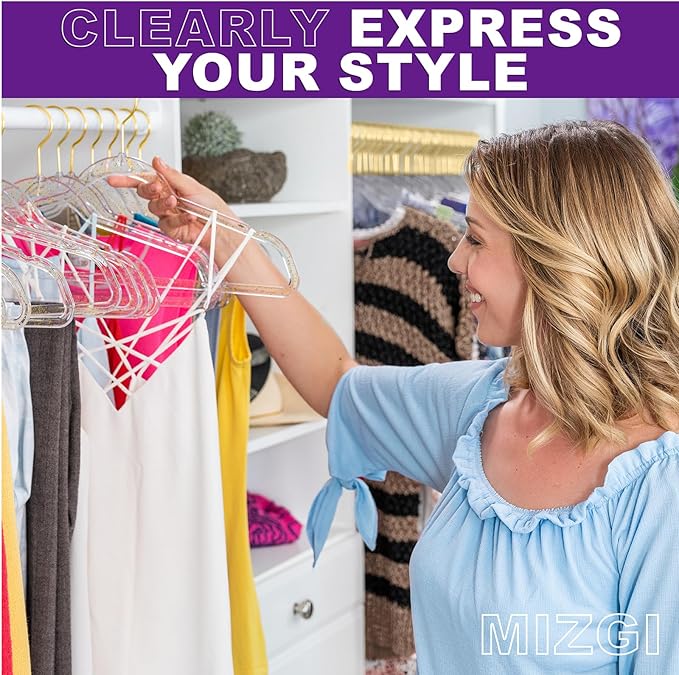 Premium Clear Invisible Acrylic Hangers,Crystal Plastic Hangers with Bling Gold Glitter 20 Pack Ultra Slim & Space Saving Suit Hangers for Coats, Pants & Dress Clothes