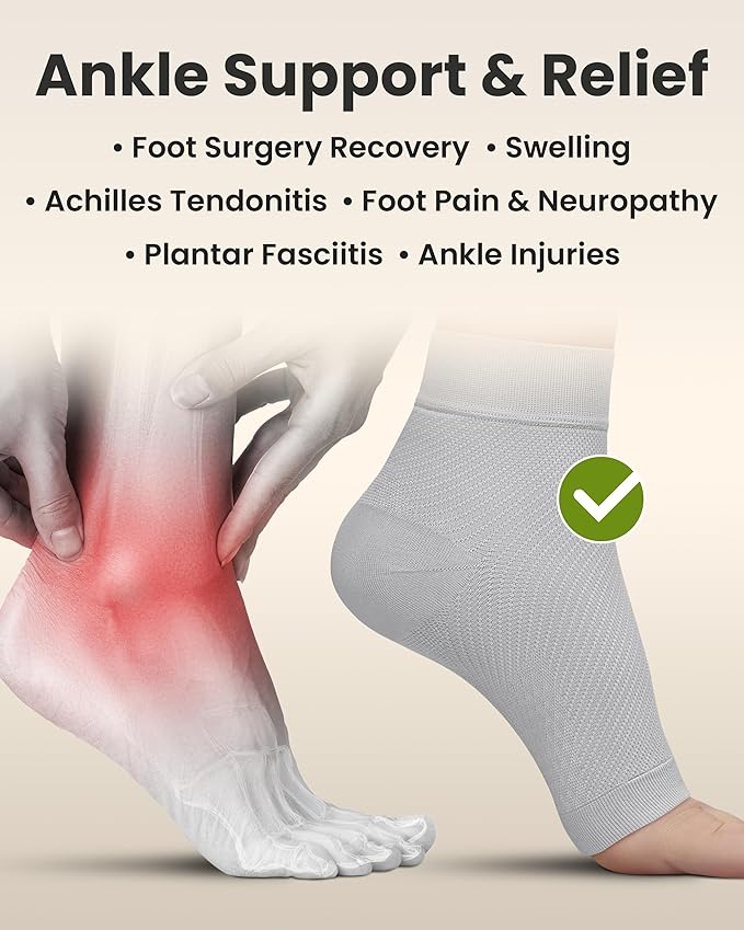 KEMFORD Ankle Compression Sleeve - Plantar Fasciitis Braces - Open Toe Compression Socks for Swelling, Sprain, Neuropathy, Foot Arch Support for Men and Women - 20-30mmhg, XL, Grey