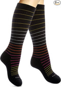 Cotton Compression Socks for Women & Men. 15-20 mmHg Support Knee-High Black Stripes M/L